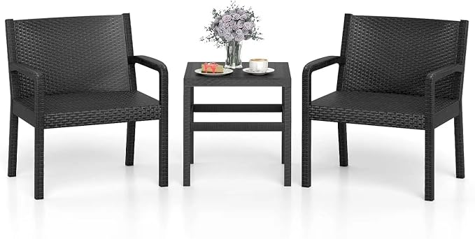 3 Piece Patio Furniture Set Outdoor Wikcer Conversation Set with 2 Rattan Armchair 25" Square Side Table for Courtyard Garden