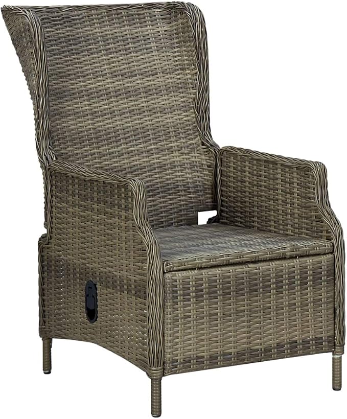 7 Piece Outdoor Patio Dining Set with Cushions, Brown Poly Rattan Wicker Furniture with 6 Reclining Chairs and Glass Table, Adjustable Backrest Garden Porch Balcony Conversation Set for Backyard