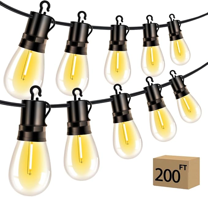 Outdoor Patio String Lights 200ft: S14 LED Shatterproof Bulbs 3 Modes Button Control - Waterproof Connectable Hanging Lights - Garden Backyard Yard Gazebo Porch Party Decorative