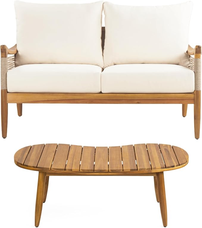 Merax 2-Piece Acacia Wood Patio Loveseat Set with Coffee Table | Teak-Finish Acacia Frame, Beige Woven Rope, 6-Inch Cushions And Arc Coffee Table For Porch, Garden, Backyard Or Balcony