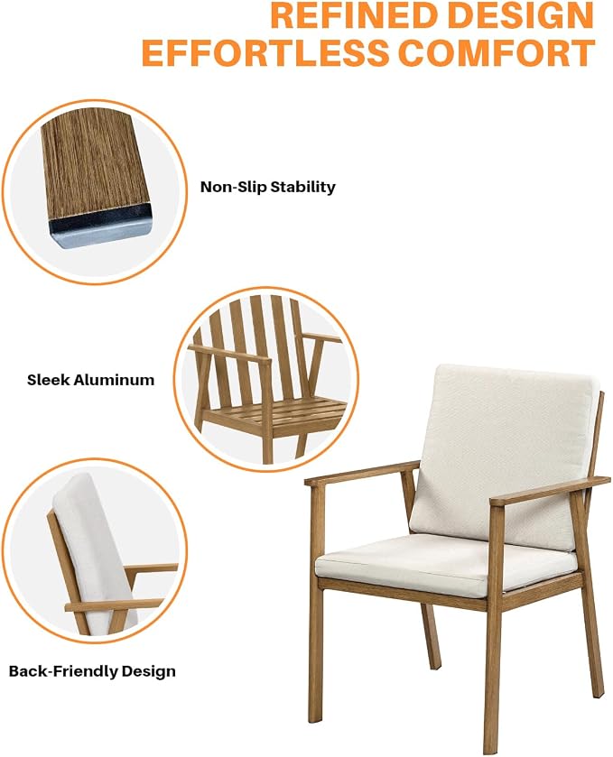 Outdoor Patio Dining Chair Set of 4, Never-Rust Outdoor Aluminum Patio Chairs with Removable Cushions, Patio Dining Furniture Chairs Set for Garden, Backyard, Porch, Lawn, Teak