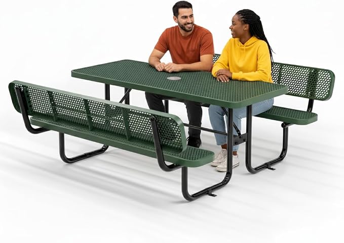 Commercial Heavy-Duty Metal Picnic Table with Backrest - ADA Compliant, Adjustable Seats, Umbrella Hole, Expanded Metal (Green, 6' Rectangular with Back)