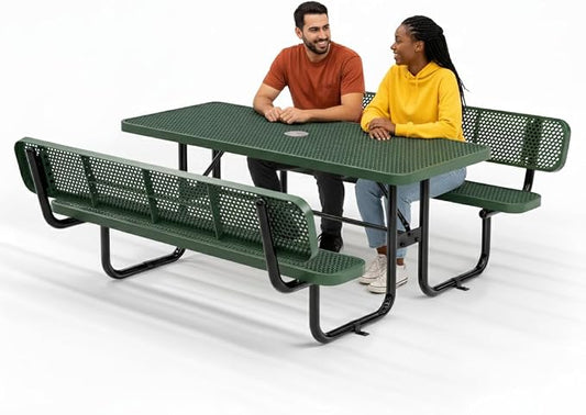 Commercial Heavy-Duty Metal Picnic Table with Backrest - ADA Compliant, Adjustable Seats, Umbrella Hole, Expanded Metal (Green, 6' Rectangular with Back)