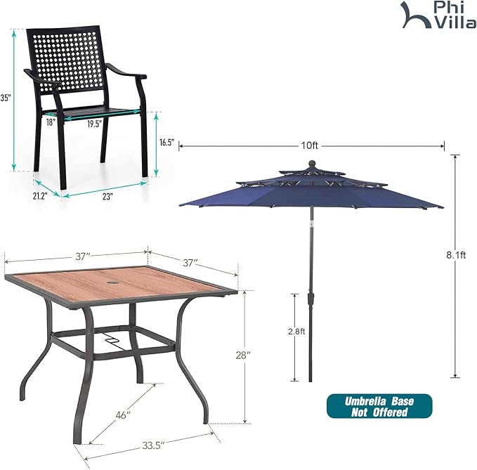 PHI VILLA Outdoor Table Chairs Set w/Umbrella, 5pc Patio Metal Furniture | 37" wrought iron square table w/ polywood top & stackable chairs for 4. 10ft blue umbrella. Dining set for deck, porch