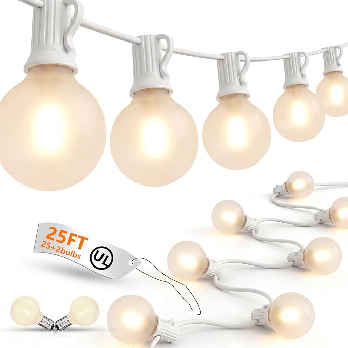 25Ft G40 LED Frosted White String Lights Outdoor with 27 Shatterproof Globe Bulbs Patio Lights White Wire, Waterproof Hanging Bistro Lights for Wedding Party Backyard Garden Porch Christmas Decor