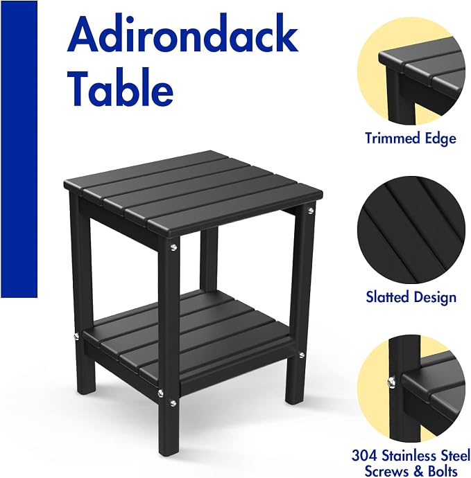 BRIOPAWS Outdoor-Side-Tables | Set of 2 | Small | HDPE Plastic | Patio End-Table | 2-Shelf Adirondack Outside Tables | All Weather | for Poolside Front Porch Indoor Living Room | 14" x 13" | Black
