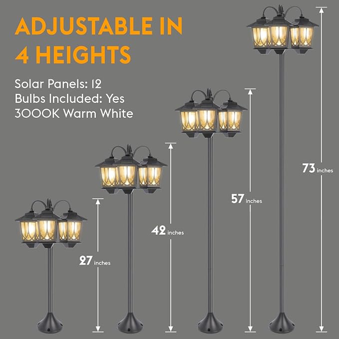 3-Head Solar Lamp Post Light, 73" Solar Lights Outdoor Waterproof, 60Lm 3000K Pathway Lights for Garden, Lawn, Yard