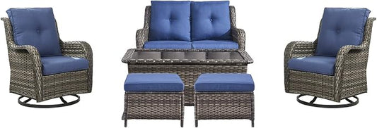 Patio Furniture Swivel Chairs Set - 6 Piece Wicker Rattan Outdoor Sectional Conversation Sets with 2 Swivel Rocking Chairs,2 Ottomans,1 Loveseat and 1 Coffee Table for Porch Deck(Mixed Grey/Blue)