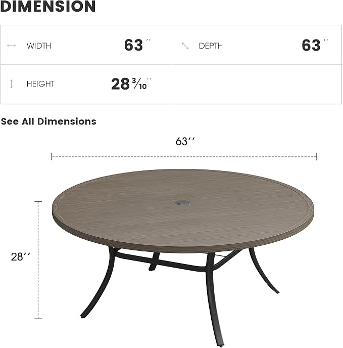 Patio Dining Table for 8-10, Round Metal Outdoor Table with 1.57" Umbrella Hole, 63" Outdoor Slat Tabletop Dining Table for Backyard, Porch, Lawn, Grey