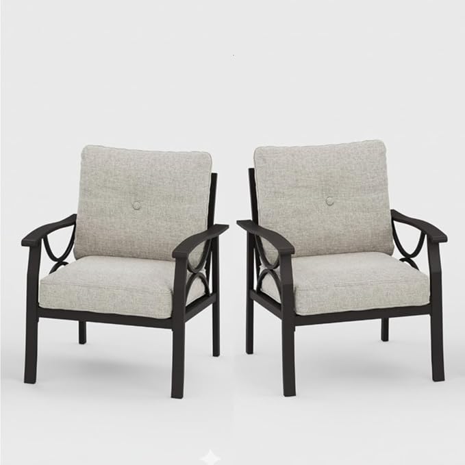 Hassyee 2 Pieces All-Weather Metal Outdoor Conversation Set with Coffee Table and Removable Cushions for Balcony, Patio Furniture Set with Modern Curved Design for Backyard, Lawn (2 Chairs)
