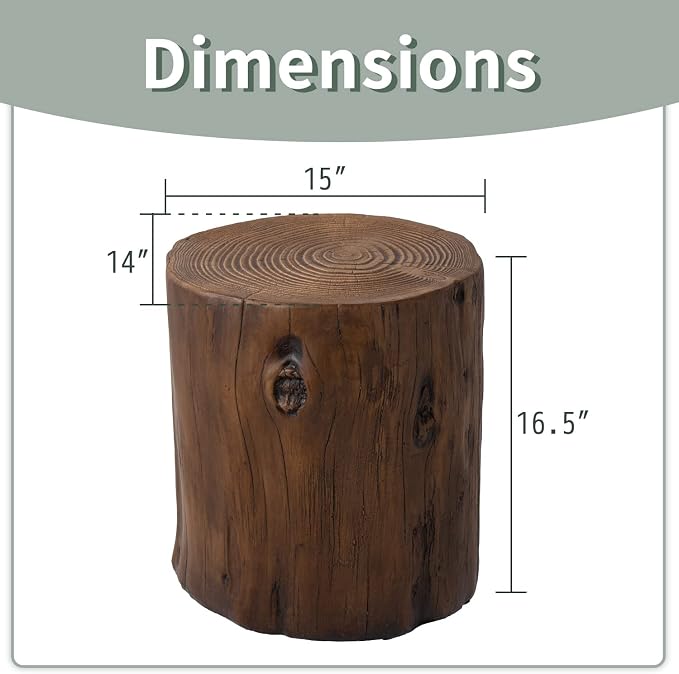 SUNBURY 15" W Stump Side Table Set of 2, Concrete Side Table Garden Stool, Walnut Tree Stump, Plant Stand Holder for Garden Household Living Room