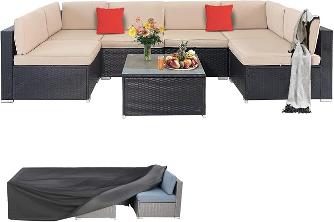 Betterland 7 Piece Outdoor Sectional Sofa Patio Furniture Set, All-Weather PE Rattan Wicker Patio Conversation Set with Washable Cushion, Glass Table and Waterproof Cover(Beige)