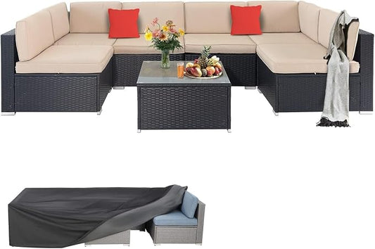 Betterland 7 Piece Outdoor Sectional Sofa Patio Furniture Set, All-Weather PE Rattan Wicker Patio Conversation Set with Washable Cushion, Glass Table and Waterproof Cover(Beige)