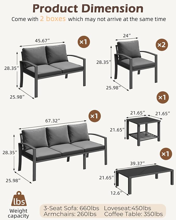 U-MAX Metal Outdoor Patio Furniture Set with Waterproof Cover, 6 Pieces Outdoor Conversation Set with Coffee Table&Side Table, Outdoor Couch Sofa Modern with Dark Grey Cushions for Lawn, Backyard