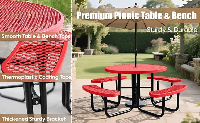 46 Inch Round Outdoor Metal Picnic Table, All-Weather Patio Dining Set for 6-8 Adults, Heavy Duty Steel with Central Umbrella Hole, Perfect for Garden, Backyard, Deck & Small Spaces - Easy Assembly