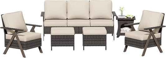 6 Piece Patio Furniture Set, Wicker Patio Conversation Set with Patio Chair and Outdoor 3-Seater Sofa and 2 Ottomans and Side Table for Deck Yard and Poolside