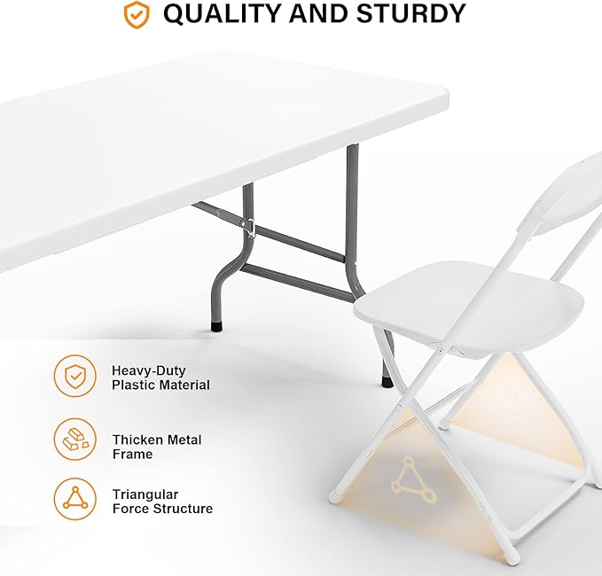 VINGLI 6 FT Plastic Folding Table Set with 6 White Folding Chairs for Picnic, Event, Training, Outdoor Activities, at Home and Commercial Use