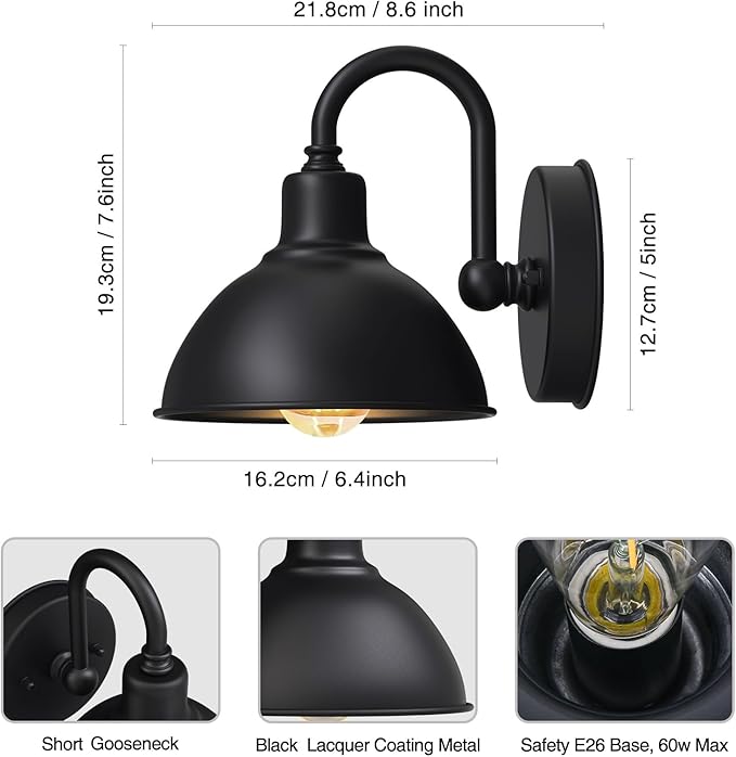 Barn Light Gooseneck Light, Small Farmhouse Outdoor Lighting | Black, 1-Light Outdoor Gooseneck Lighting, Farmhouse Wall Sconce, For Patio Porch Garage, 6.4" Diameter, 1pc, E26 Base