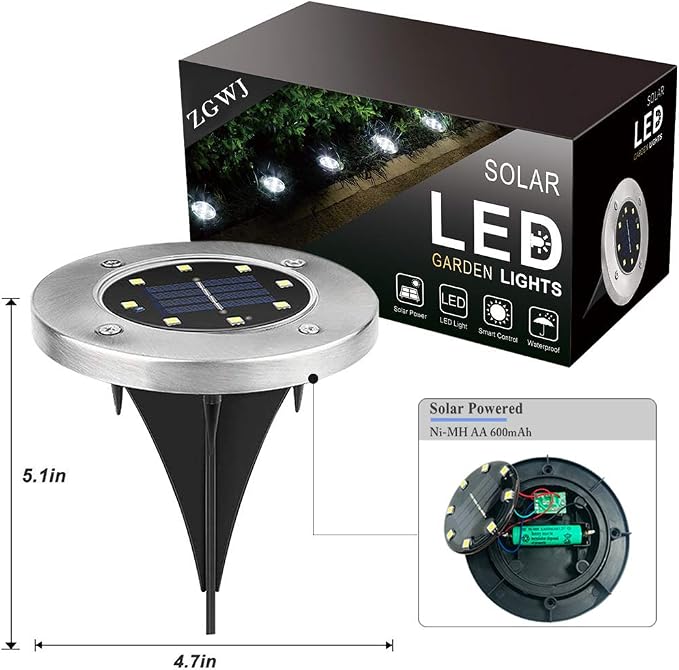ZGWJ 8 Pack Solar Ground Lights,8 LED Upgraded Outdoor Garden Lights Landscape Lighting for Lawn Pathway Yard Deck Patio Walkway White