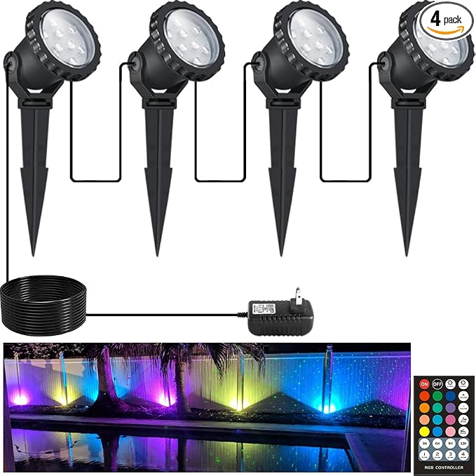 Spotlights Outdoor, RGB Color Changing Landscape Lights 12W 800lm 120V Plug in LED Spot Lights with Remote, IP66 Waterproof Outdoor Lights for Tree Yard House Flag Garden, 46.5ft Cord, 4 Pack