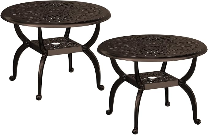Round Outdoor Coffee Table Set of 2, Cast Aluminum Side Table with Storage,Indoor End Table, All-Weather Bistro Table for Patio Garden Lawn, Bronze
