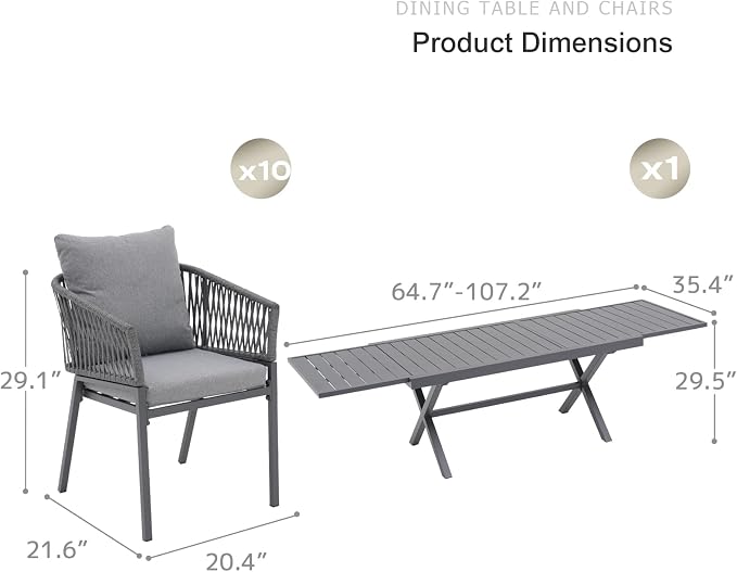 SUNSITT 11 Piece Outdoor Patio Dining Set, 65" - 107" Metal Expandable Outdoor Dining Table with X-Shape Legs, 10 Woven Rope Outdoor Patio Chairs w/Curved Armrest for Garden, Dark Grey