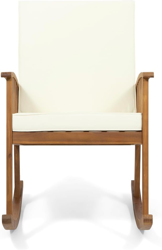 Christopher Knight Home Alabelle Outdoor Acacia Wood 2 Seater Rocking Chair Bistro Set with Side Table, 24.75 "W x 38.25 "D x 37.25 "H, Brown + Teak + Cream