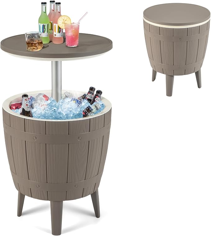 Moccha Outdoor End Table Cooler - 10 Gallon Cooler Side Table with Height Adjustable Tabletop, 3-in-1 Ice Bucket for Beer & Wine Storage, Cocktail Patio Bar Table for Deck Pool Backyard Party (Brown)