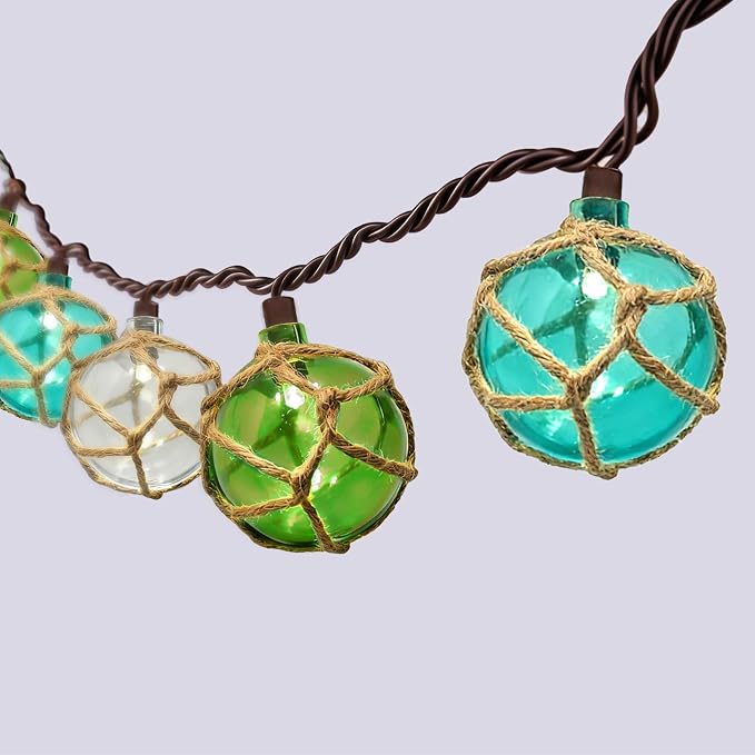 8.5Ft Nautical Fishing Float String Lights,Plug in Beach Themed Buoy Lights | Set of 10 LED Tiki Bar Lights Indoor Coastal Beach Theme Home Decor and Outdoor Patio Decorations-Blue/Green/White