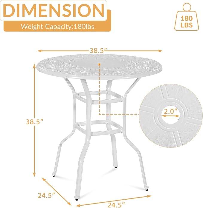 Cast Aluminum Patio Bar Table, 38.5" Outdoor Bar Height Bistro Table with 2" Umbrella Hole, Patio Bistro Round High Top Dining Table Pub Table for Porch Balcony Backyard, White
