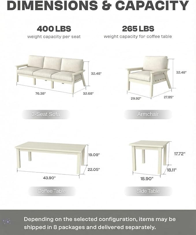 HDPE Patio Furniture Set 8 Seats, Outdoor Couch with Washable Thick Beige Cushions & Side Table, Outdoor Sectional Furniture for Backyard, Deck, Lawn, Porch (White Frame)