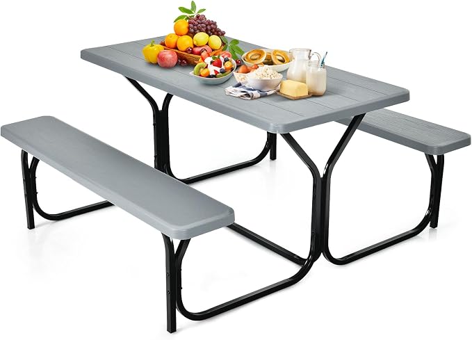 Picnic Table, Camping Portable Picnic Table Bench Set for 4 Persons, Heavy-Duty Steel Frame & Resin Tabletop, All Weather Outdoor Picnic Tables for Patio Travel BBQ Party Garden (Grey)