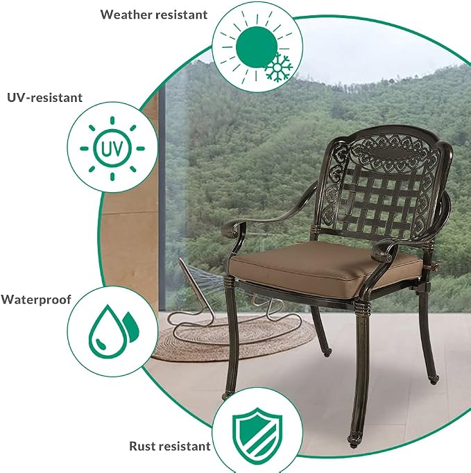 VIVIJASON 3-Piece Outdoor Patio Bistro Set, All-Weather Cast Aluminum Furniture Dining Sets Include 2 Cushioned Chairs and 31" Round Table w/Umbrella Hole for Balcony, Lawn, Garden, Backyard