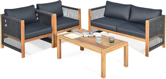 Tangkula Outdoor Wood Furniture Set, Acacia Frame Loveseat Sofa, 2 Single Chairs and Coffee Table, 4 Pieces Conversation Set with Cushions, Garden Balcony Poolside Living (1, Grey)
