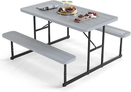 Byroce Outdoor Picnic Table for 4 Person, Rectangular Picnic Camping Table Set with Long Benches, Umbrella Hole & Metal Frame, Heavy Duty HDPE Dining Table Chairs for Patio, Yard & Poolside (Gray)