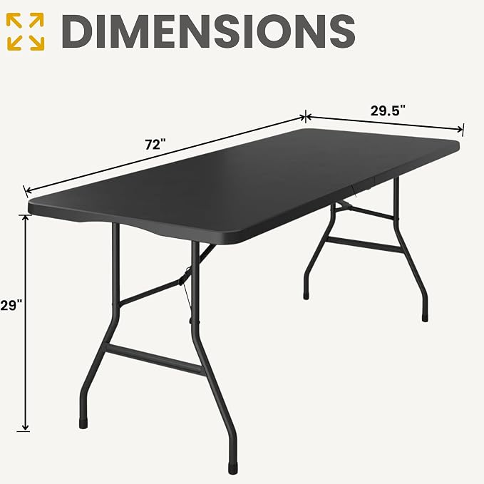 BTEXPERT Fold-in-Half Folding Utility Table 6 Feet 72" x 29.5" Lightweight Portable Carrying Handle, Indoor Outdoor Picnic Camping Office Home Party Wedding Event Easy to Clean Store & Care Black