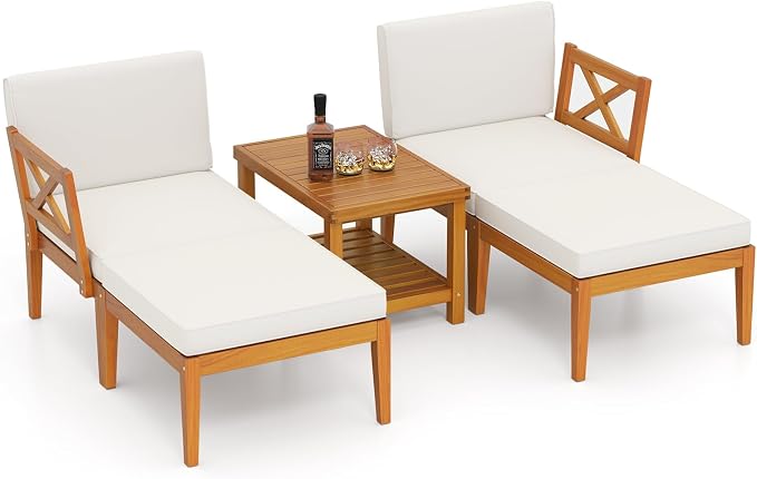 HAPPYGRILL 5 Pieces Acacia Wood Patio Chaise Lounge Chair Set with Ottoman, Outdoor Patio Furniture Set with Cushions and 2-Tier Coffee Table, Outdoor Sectional Conversation Sofa Set for Garden