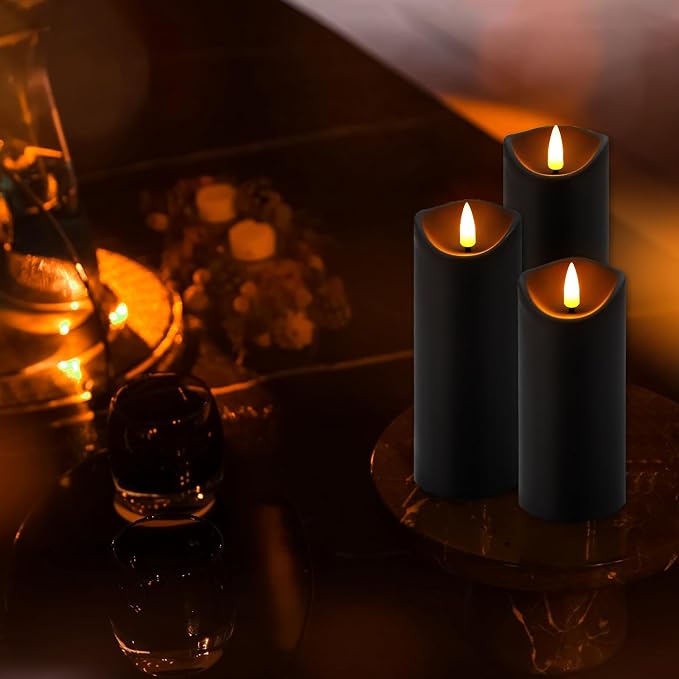 YOROXRG 24 Pack Halloween Decoration Flickering Flameless Candles, Battery Operated LED Pillar Candles with Remote Control and Timer.for Home Decor (D2.2 xH 5" 6" 7" Black)