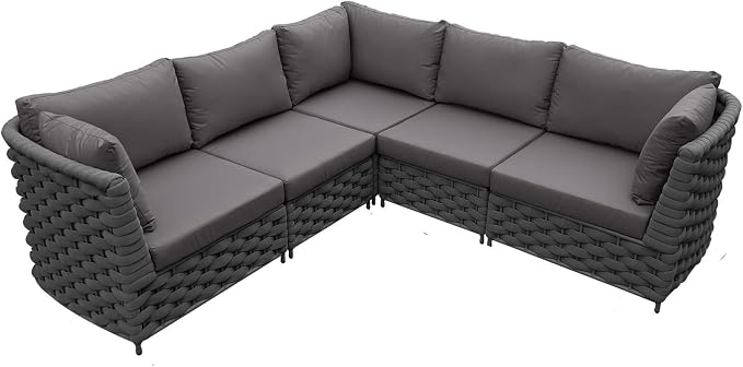 TWT 5-Piece Modular Outdoor Sectional Sofa Set, 5-Seater Woven Rope Patio Conversation Couch with Water-Resistant Cushions, for Backyard Balcony Deck, Dark Gray