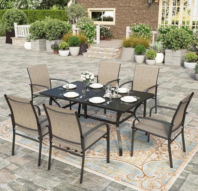 HERA'S HOUSE Patio Dining Table, 60" x 38" Rectangular Large Surface 6 Person Steel Frame Outdoor Dining Table with Umbrella Hole for Lawn Garden Backyard