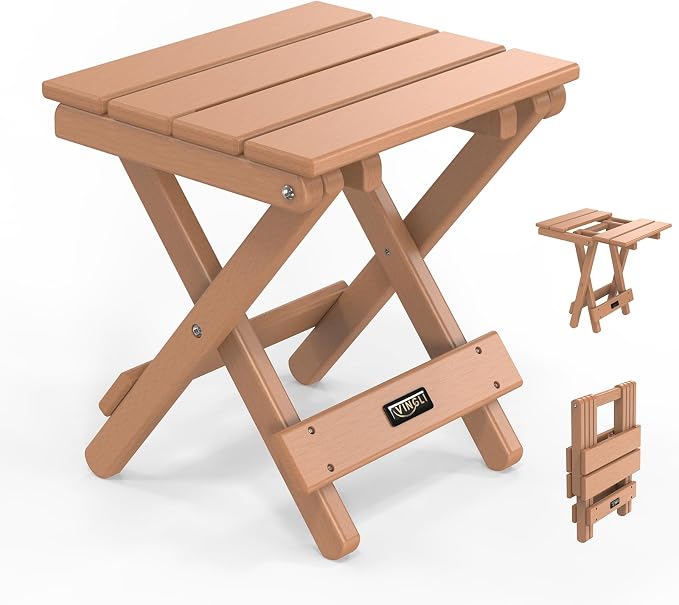 VINGLI Small HDPE Folding Side Table, Plastic Waterproof Portable Adirondack Coffee End Tables, All Weather for Patio, Backyard, Pool, Indoor Use, Slats Style, Teak