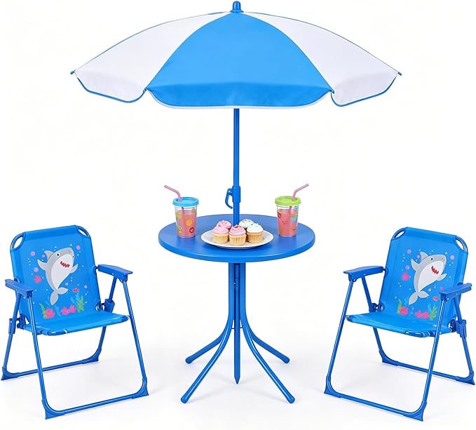 KOTEK Kids Picnic Table with Umbrella, Outdoor Table & 2 Folding Chairs, Cute Pattern Children’s Patio Furniture, Portable Kids Table and Chair Set for Backyard, Garden, Beach (Blue Ocean)