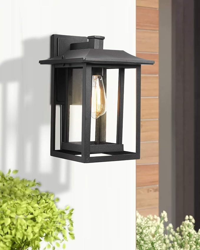 Beionxii Outdoor Light Fixture, Dusk to Dawn Exterior Wall Mount Lantern Outside Lights for House Porch Patio, Black Cast Aluminum w/Clear Glass (13.5" x 9") - A197W-2PK