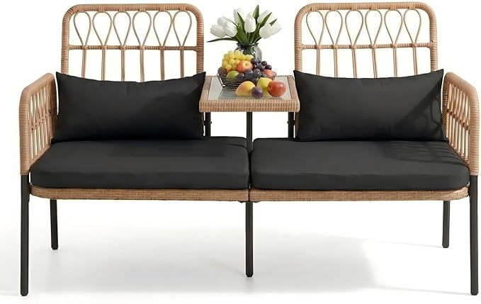 PROHIKER Outdoor Rattan Loveseat with Built-in Glass Table, 2-Seat Wicker Patio Furniture Set with Lumbar Pillows & Thick Cushions, All-Weather Conversation Sofa for Balcony, Porch & Backyard