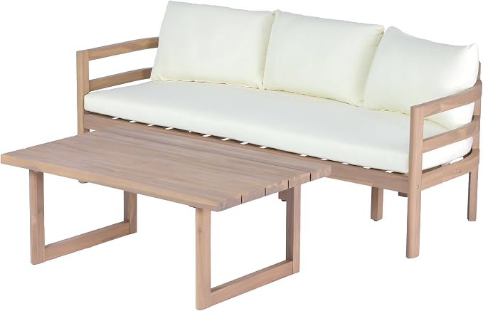 Christopher Knight Home Silas Acacia Wood Patio Furniture Set and Slatted Coffee Table, 2 Piece Outdoor Acacia Wood Conversation Set, Modern 3-Seater Sofa Set with Removable Cushion, Light Teak+Beige