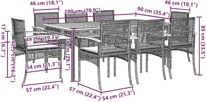 9 Piece Patio Dining Set with Cushions Beige Poly Rattan Outdoor Rattan Wicker Furniture Set for Garden Backyard Acacia Wood Table and 8 Chairs