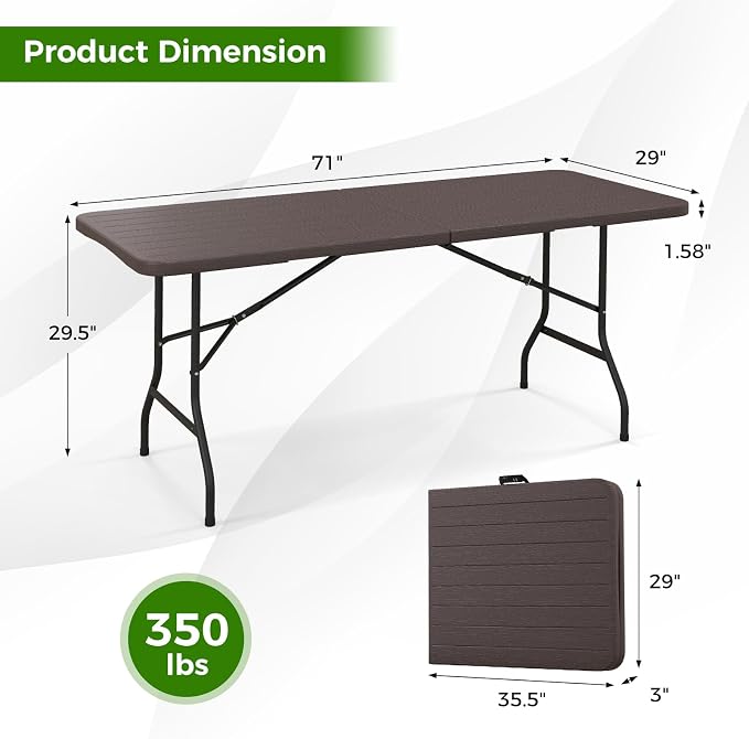 Giantex 6ft HDPE Folding Table, Outdoor Indoor Foldable Table with Metal Legs, Fold-in-Half Portable with Handle for Picnic, Camping, Banquet, Party Event (Brown)