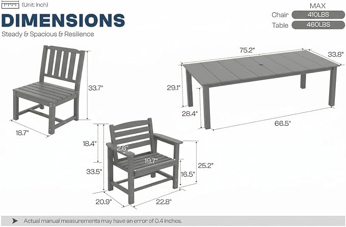 Perli™ 9-Piece Outdoor Dining Set, All-Weather HDPE Patio Furniture with 8 Ergonomic Chairs & Large Table, Built-in Umbrella Hole, UV-Resistant Set for Backyard, Deck, Poolside, Grey