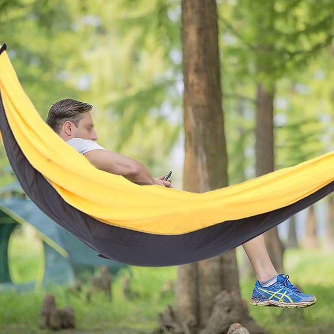 Breathable Hanging Chair Bed, 260x140cm Dual Use Portable Hammock Swing, Garden Hammock with Steel Buckle for Camping Courtyard Corridor Outdoor (Yellow Gray)