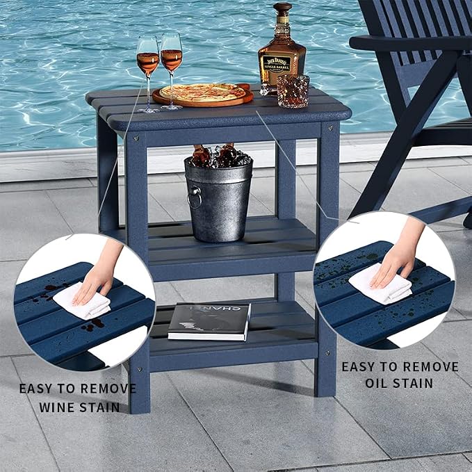 3 Tier Outdoor Side Table Adirondack Side Table HDPE End Table Patio Side Table Rectangle Tables for Outdoor Backyard Garden Balcony (Blue - No Wood Grain)